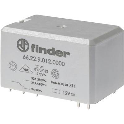 'Relè Finder 66.22.9.012.0000' con tensione e corrente nominali visualizzate, certificazioni di sicurezza e origine UE.