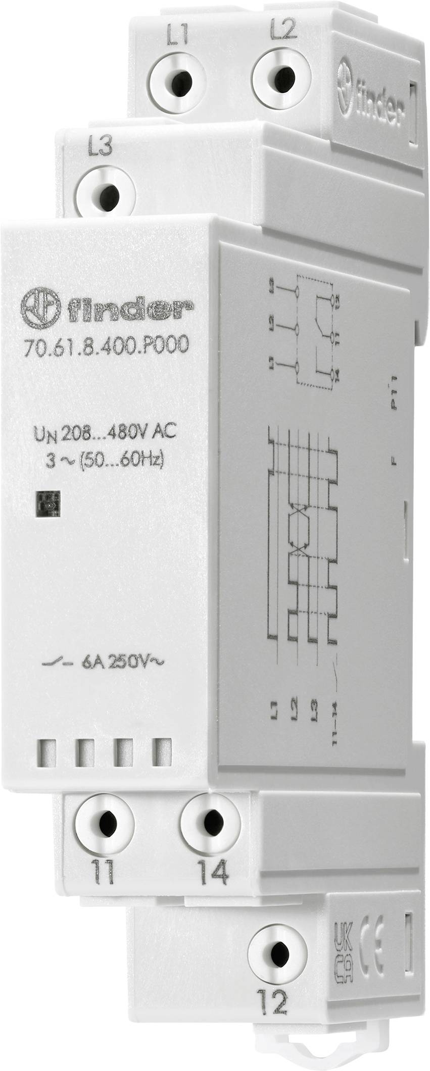 'Modello relè Finder 70.61.8.400.P000, con intervallo di tensione Un 208...480V AC, 3~ (50...60Hz), e corrente 6A 250V~, mostra schema di collegamento.'