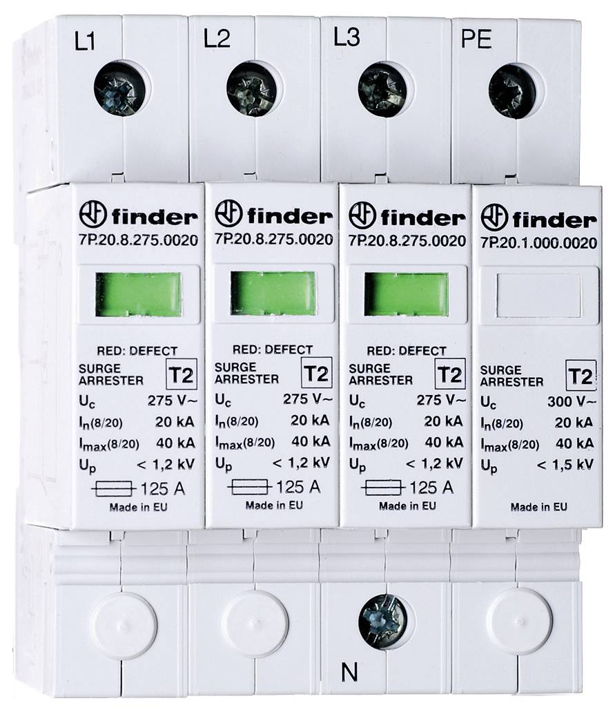 Scaricatori di sovratensione elettrici con indicatori operativi verdi ed etichettati L1, L2, L3, PE, N. Gestiscono la protezione da tensione e corrente.