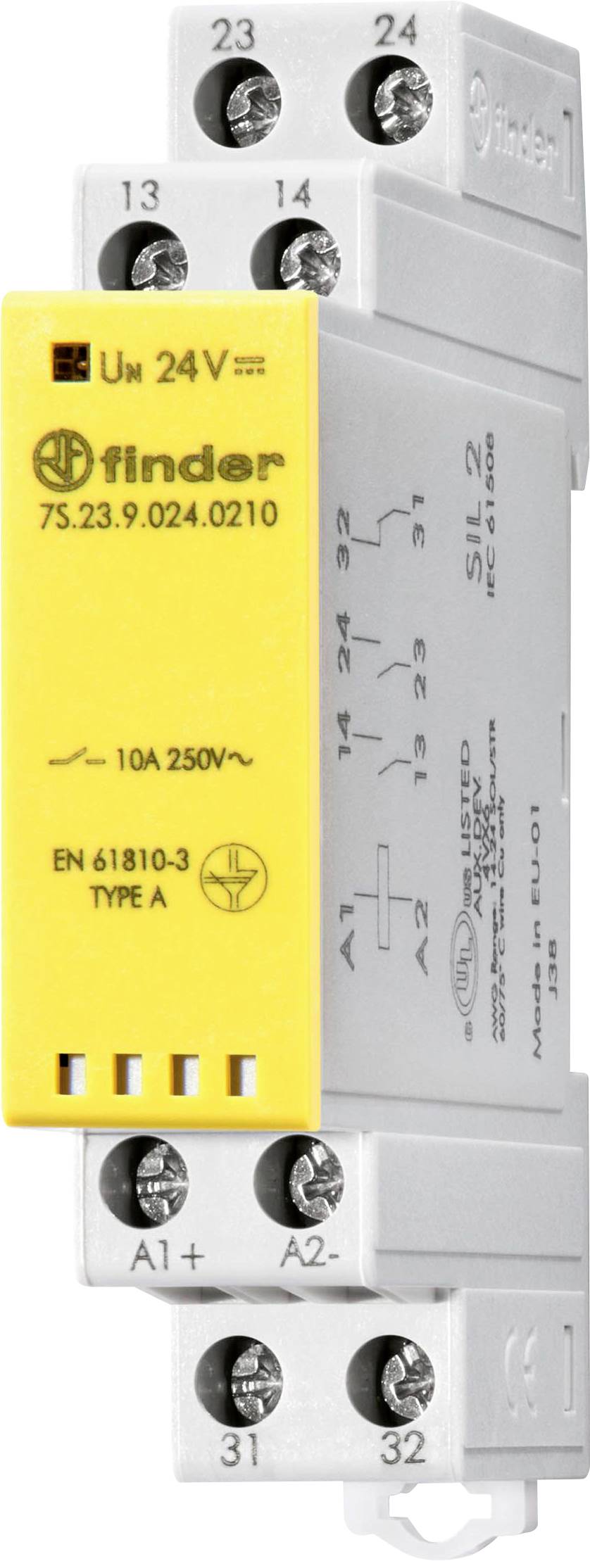 'Relè Finder con frontale giallo, che mostra il tipo e le specifiche: 10A 250V, EN 61810-3, Tipo A. Diagramma dei contatti e dei terminali visibile.'