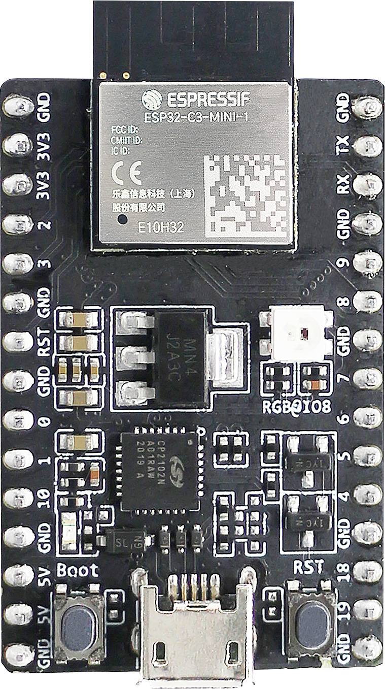 Scheda microcontrollore con chip 'ESPRESSIF ESP32-C3-MINI-1', molteplici piedini etichettati con funzioni come 'GND', '3V3' e 'RX'. Include porta USB.