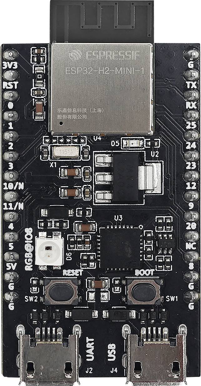 Scheda microcontrollore con modulo ESP32-H2-MINI-1, porte USB e pin etichettati per varie funzioni di ingresso/uscita.