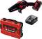 Set di motosega a batteria 'Einhell' con motosega compatta, caricabatterie e valigetta di trasporto rosso-nera. Adatto per lavori di taglio leggeri.