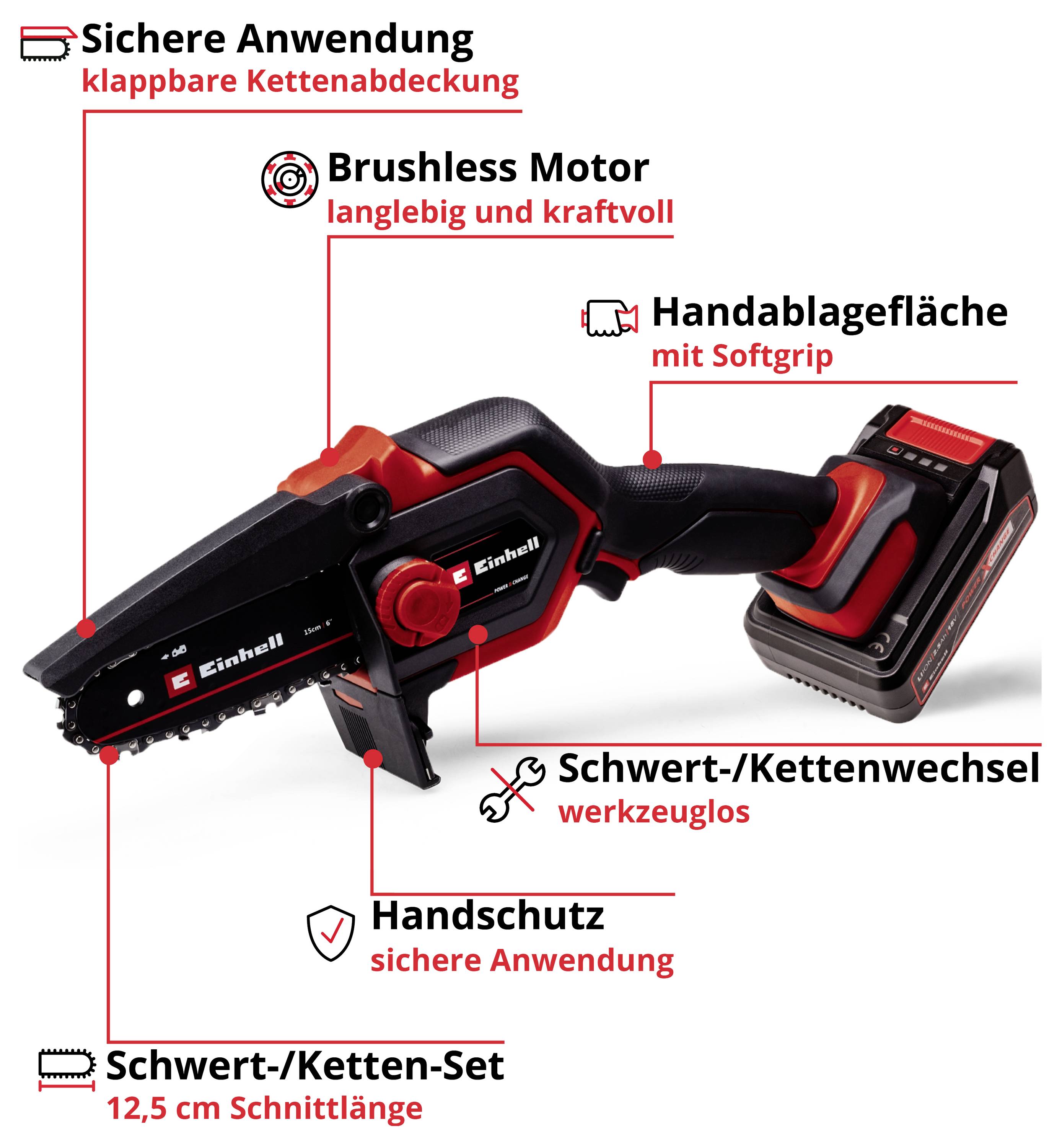 Motosega a una mano con batteria, dotata di protezione di sicurezza, cambio lama sicuro, motore brushless e piattaforma di appoggio.