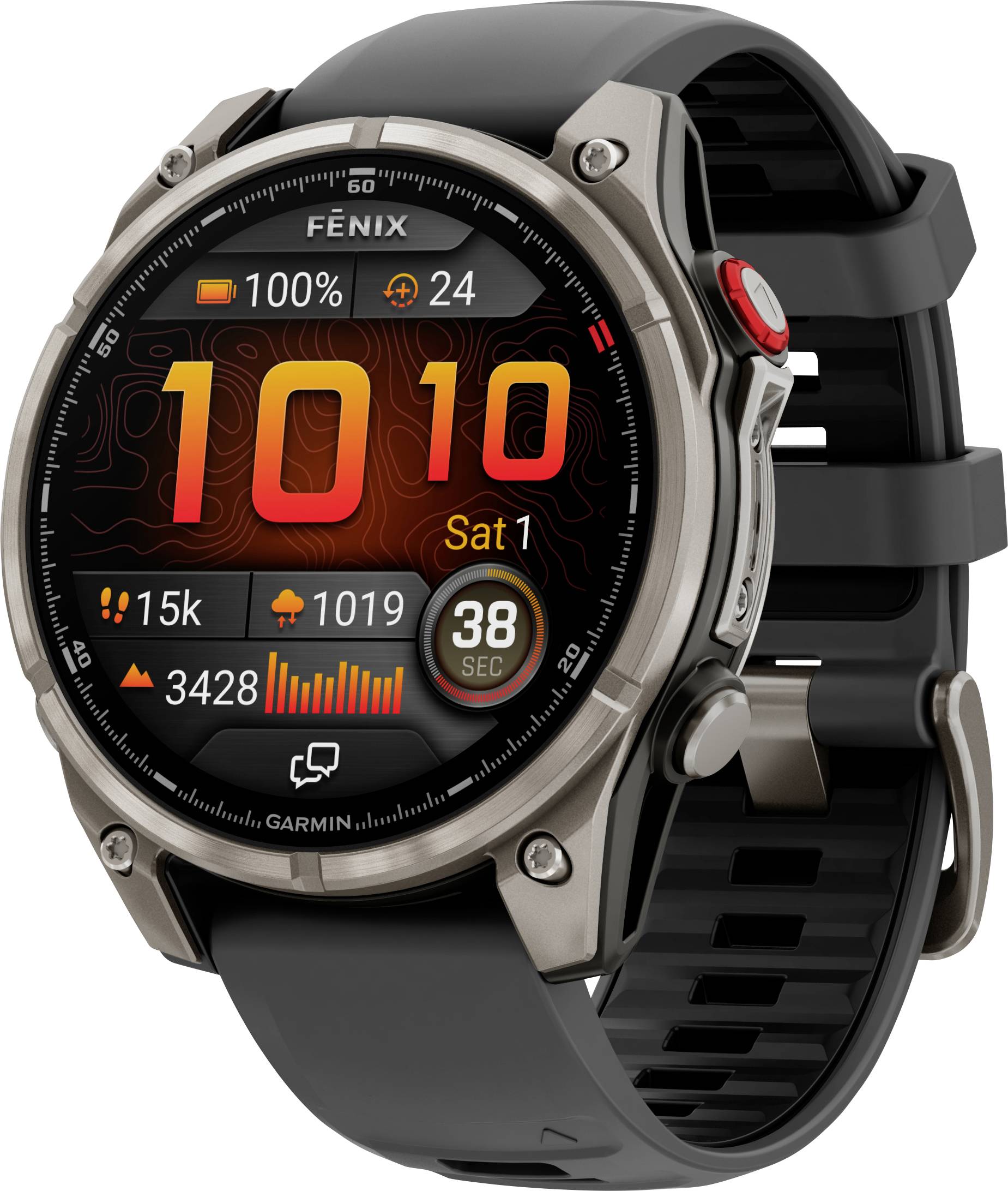 Smartwatch che visualizza "10:10" con icone di passi, calorie, polso e meteo sullo schermo. Design robusto con cinturino nero e cassa in metallo.