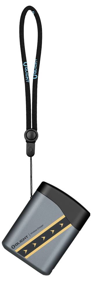 Torcia manuale 'Olight' con cordino nero, caratterizzata da un corpo in grigio e nero con un design freccia arancione.