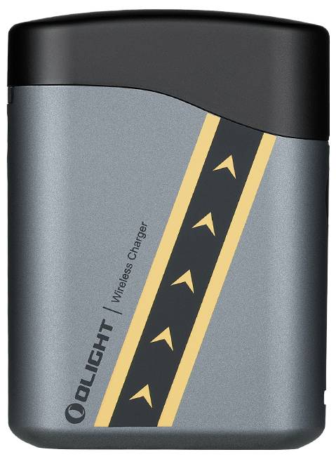 Un caricabatterie wireless dal design elegante grigio e nero, caratterizzato da un motivo a strisce diagonali giallo e nero.