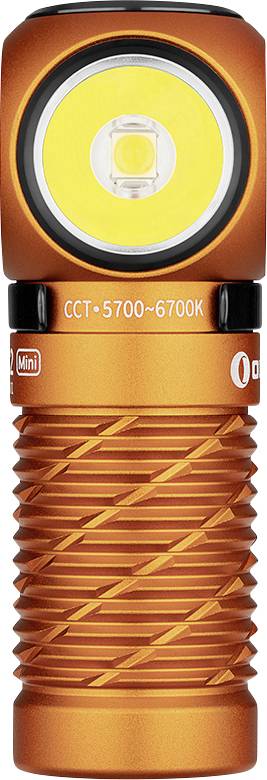 Torcia arancione con impugnatura strutturata, dotata di un LED rotondo sulla parte superiore e etichettata 'CCT 5700~6700K' che indica l'intervallo di temperatura del colore.