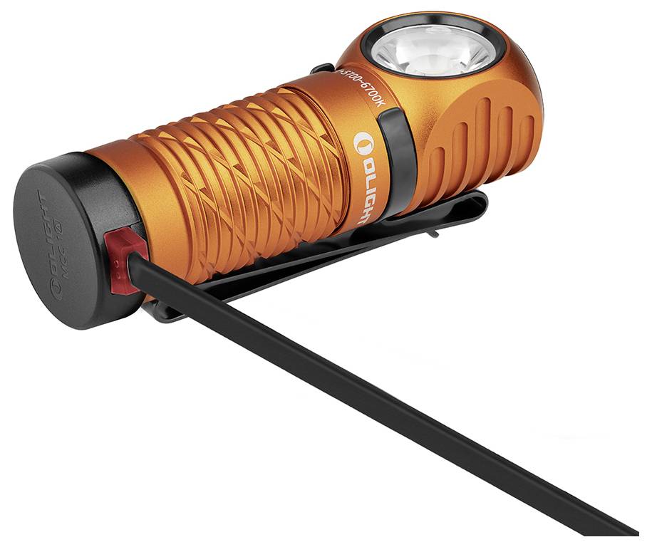 Una torcia elettrica compatta arancione con impugnatura in rilievo, mostrata di lato in angolazione. Una clip è attaccata per facile trasporto.