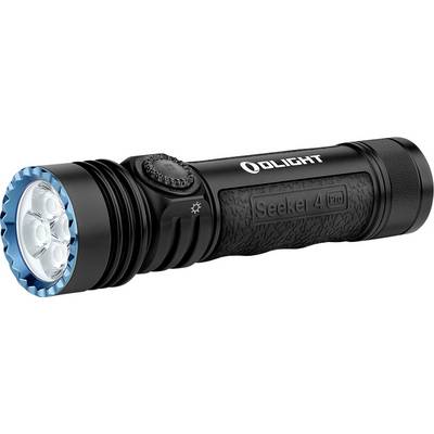 Una lampada torcia nera con accenti blu etichettata "Seeker 4 Pro" di Olight, dotata di impugnatura texturizzata e quattro LED.