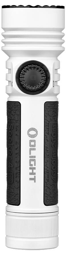 Una torcia bianca e nera con marchio 'OLIGHT', caratterizzata da una presa texture e un grande pulsante centrale.