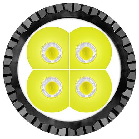 Un primo piano di quattro luci LED luminose disposte in un motivo a griglia, circondate da un bordo circolare nero strutturato.