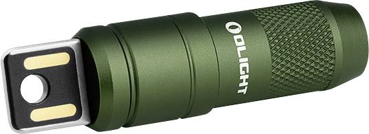 Una piccola lampada USB verde con impugnatura texture e l'etichetta 'OLIGHT' su un lato. Progettata per un uso compatto e una ricarica facile.