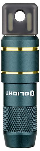 Una torcia compatta blu-verde con impugnatura testurizzata e dettagli dorati, con il logo "OLIGHT" sul lato.