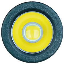 Una luce LED circolare, gialla e blu vista da sopra, che emette un bagliore giallo brillante al centro con un anello esterno blu scuro texturizzato.