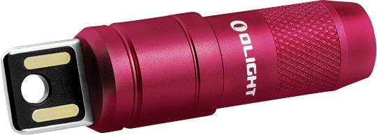 Una piccola torcia rossa con porta di ricarica USB e impugnatura strutturata, marchio 'Olight'.