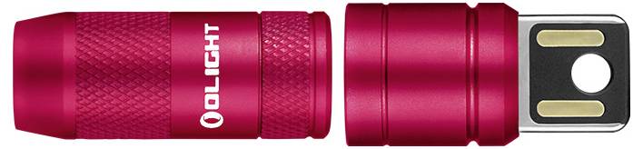 Una piccola torcia cilindrica rossa con il logo e il testo 'OLIGHT'. È di piccole dimensioni, con una presa a texture e un'estremità staccabile, che mostra i connettori interni.