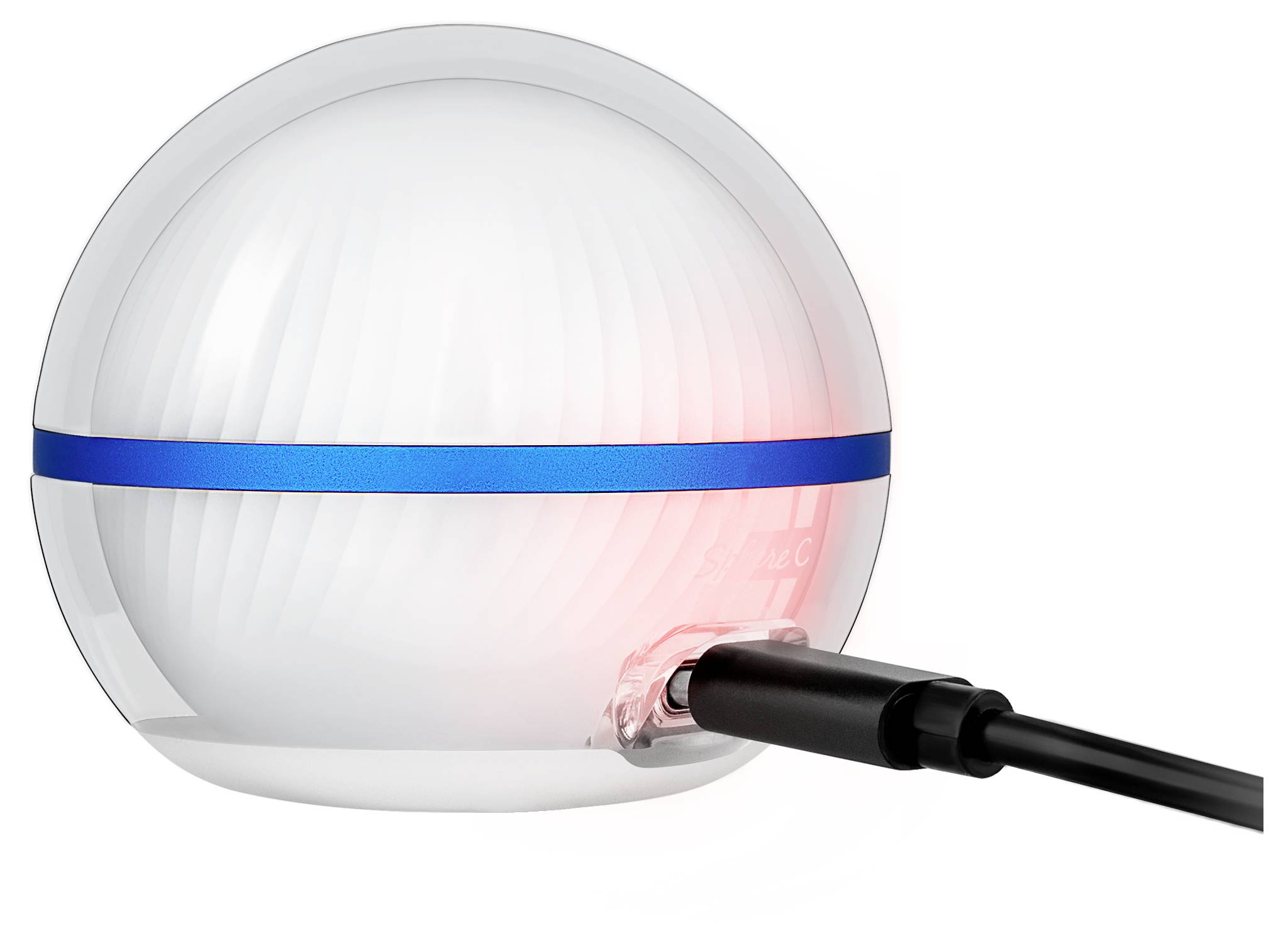 Un dispositivo bianco e rotondo con una banda blu, parzialmente illuminato in rosso, collegato a un cavo. Assomiglia a un piccolo gadget elettronico o sensore.