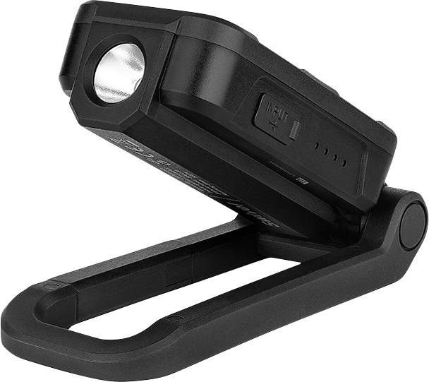 Una luce di lavoro LED portatile nera con supporto regolabile, adatta per l'illuminazione senza mani libere in vari ambienti di lavoro.