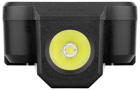 Una vista frontale di una piccola luce LED per bicicletta nera e gialla.