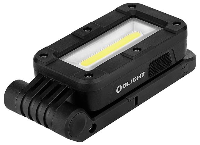 Una luce da lavoro LED rettangolare nera con una striscia di luce gialla al centro e una base regolabile, con il marchio "OLIGHT" sul lato.