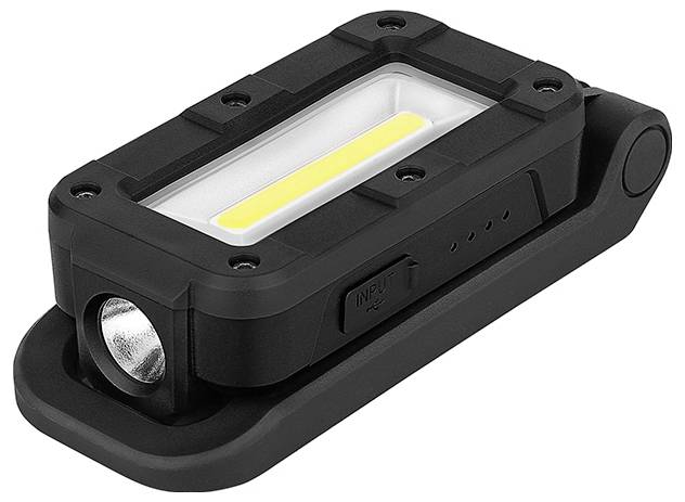 Una luce di lavoro LED rettangolare nera con una striscia gialla al centro, dotata di maniglia ed etichettata "INPUT" sul lato.
