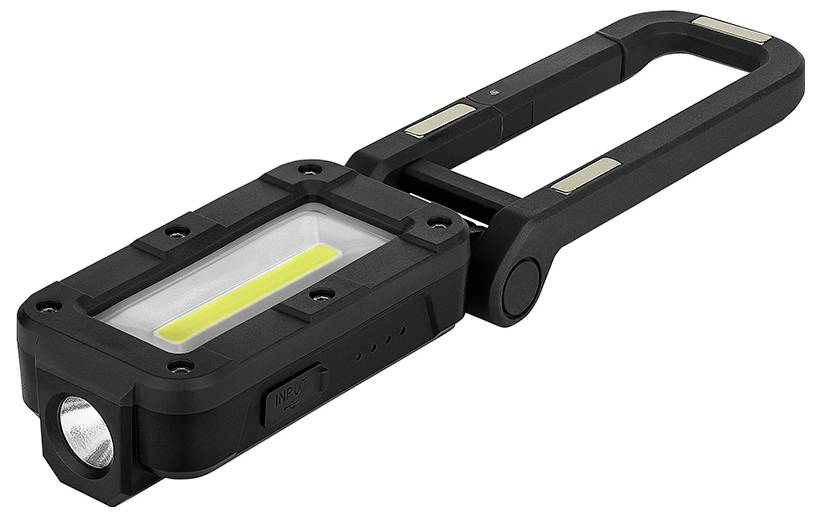 Una luce di lavoro LED portatile rettangolare nera con manico pieghevole, caratterizzata da una striscia luminosa principale gialla e una più piccola torcia laterale.