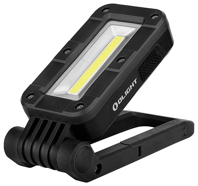 Una luce di lavoro LED portatile con supporto pieghevole, caratterizzata da una striscia luminosa brillante e il marchio "Olight" sul lato.