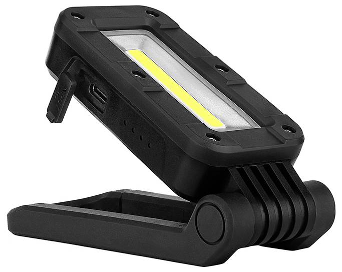 Una lampada da lavoro LED nera con supporto pieghevole, caratterizzata da una striscia luminosa gialla e una porta di ricarica USB sul lato. Adatta per l'uso portatile.