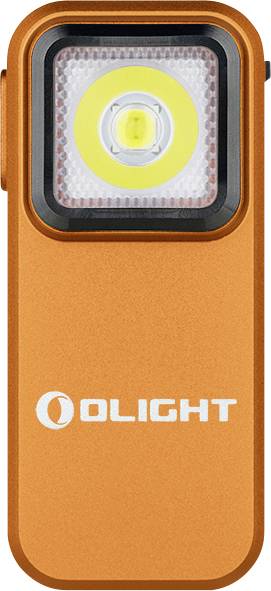 Una torcia Olight arancione, caratterizzata da un singolo LED in un alloggiamento nero e bianco, con il logo Olight sotto la luce.