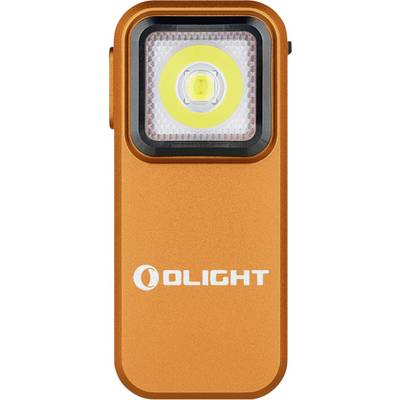 Una torcia Olight arancione, caratterizzata da un singolo LED in un alloggiamento nero e bianco, con il logo Olight sotto la luce.