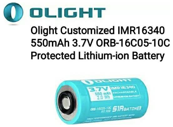 'Batteria al litio-ione protetta Olight personalizzata IMR16340 550mAh 3.7V ORB-16C05-10C' è stampata accanto a un'immagine della batteria blu.