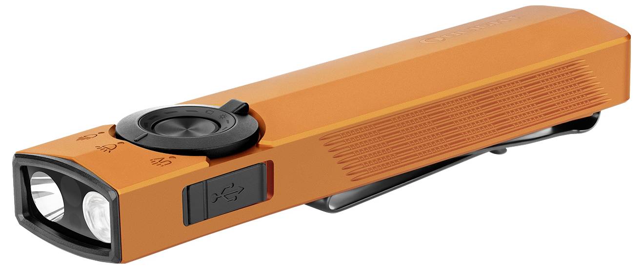 Una torcia elettrica rettangolare arancione con clip, dotata di una ghiera rotante e porta di ricarica USB sul lato.