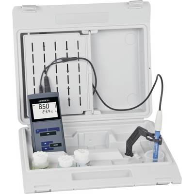 Un pH metro digitale portatile in una custodia aperta, che visualizza un pH di '8,50' e una temperatura di '23,4°C'. Include flaconi di calibrazione e un elettrodo.