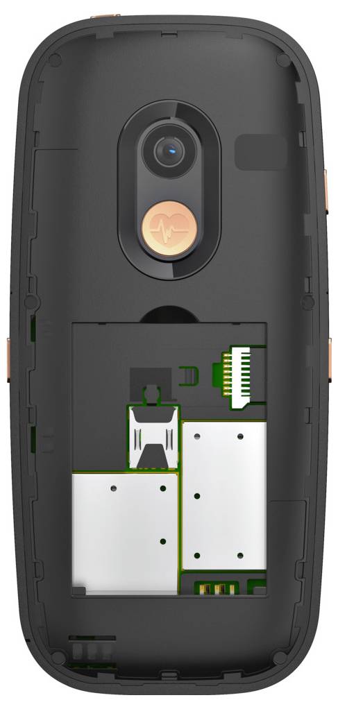 L'immagine mostra il retro di uno smartphone nero con il coperchio rimosso, che espone i componenti interni e una lente della fotocamera centrale.
