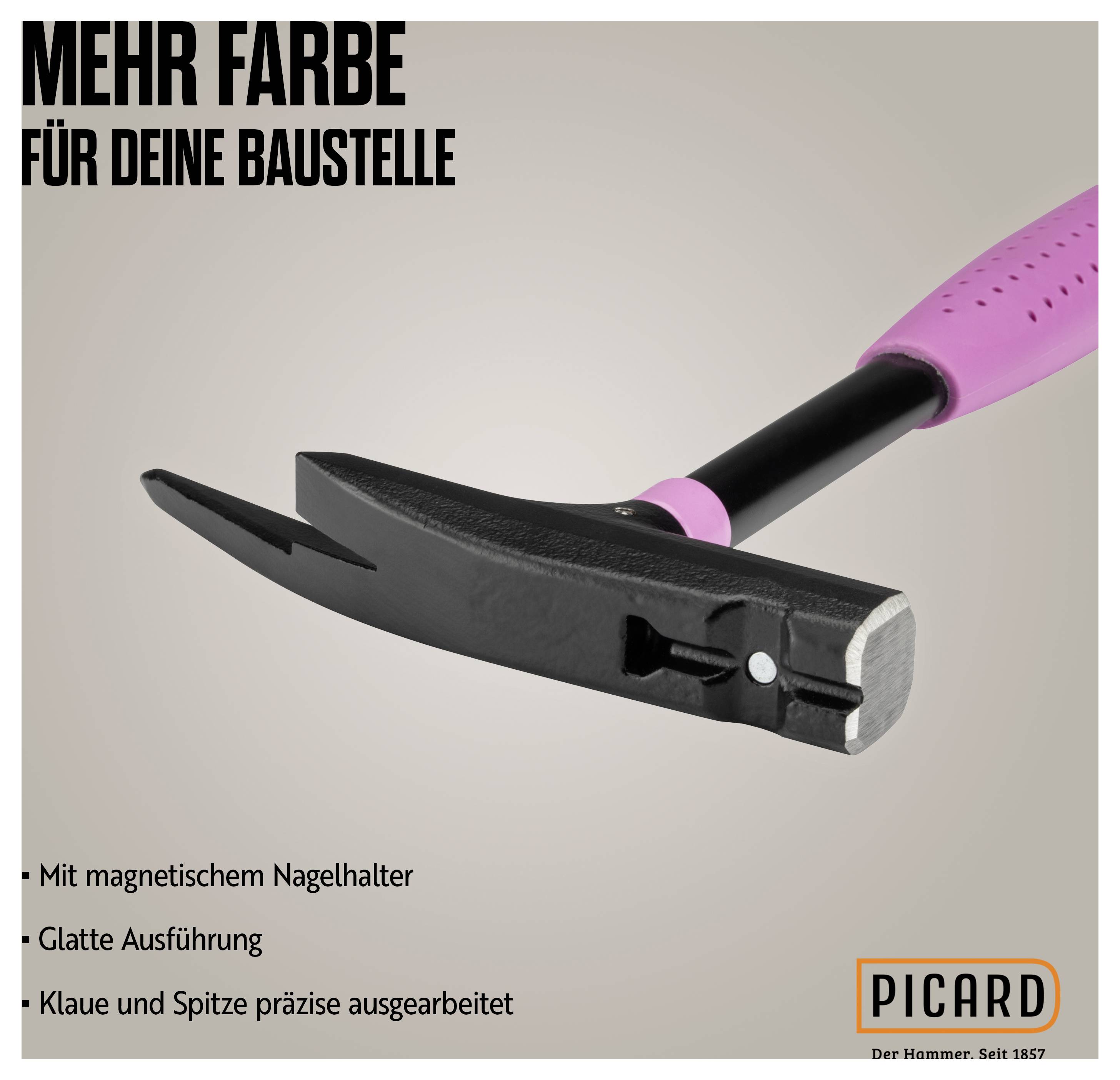 Un martello con manico rosa. Testo: 'Più colore per il tuo cantiere.' Caratteristiche: Supporto magnetico per chiodi, finitura liscia, artigli precisi.