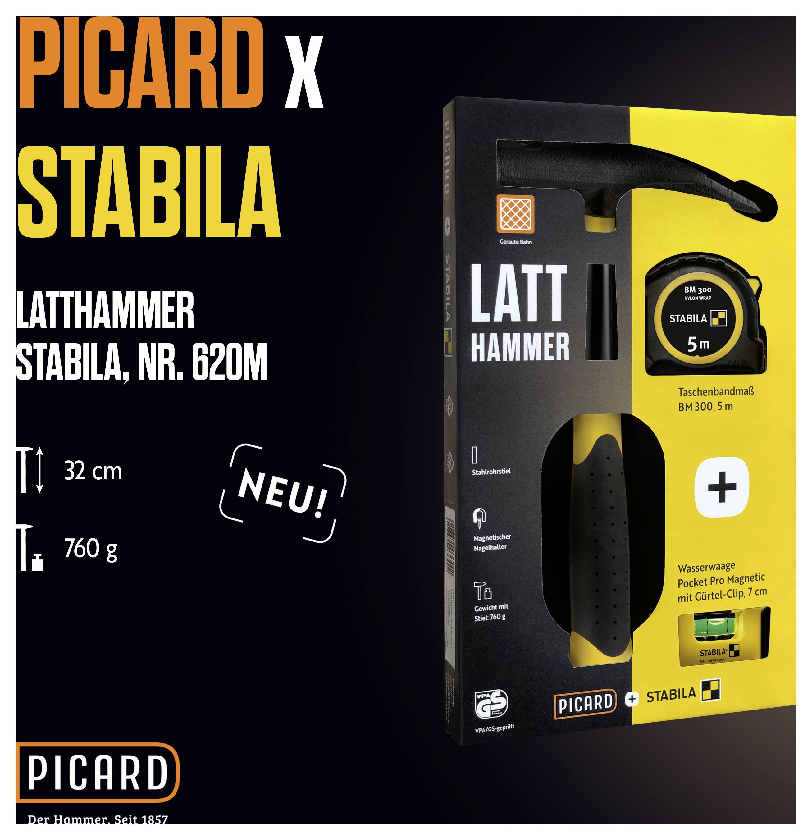 Set 'PICARD x STABILA Latt Hammer' con martello per listelli e metro a nastro di 5m. Misure: 32 cm, peso: 760 g. Livella e clip per cintura inclusi. Nuovo.