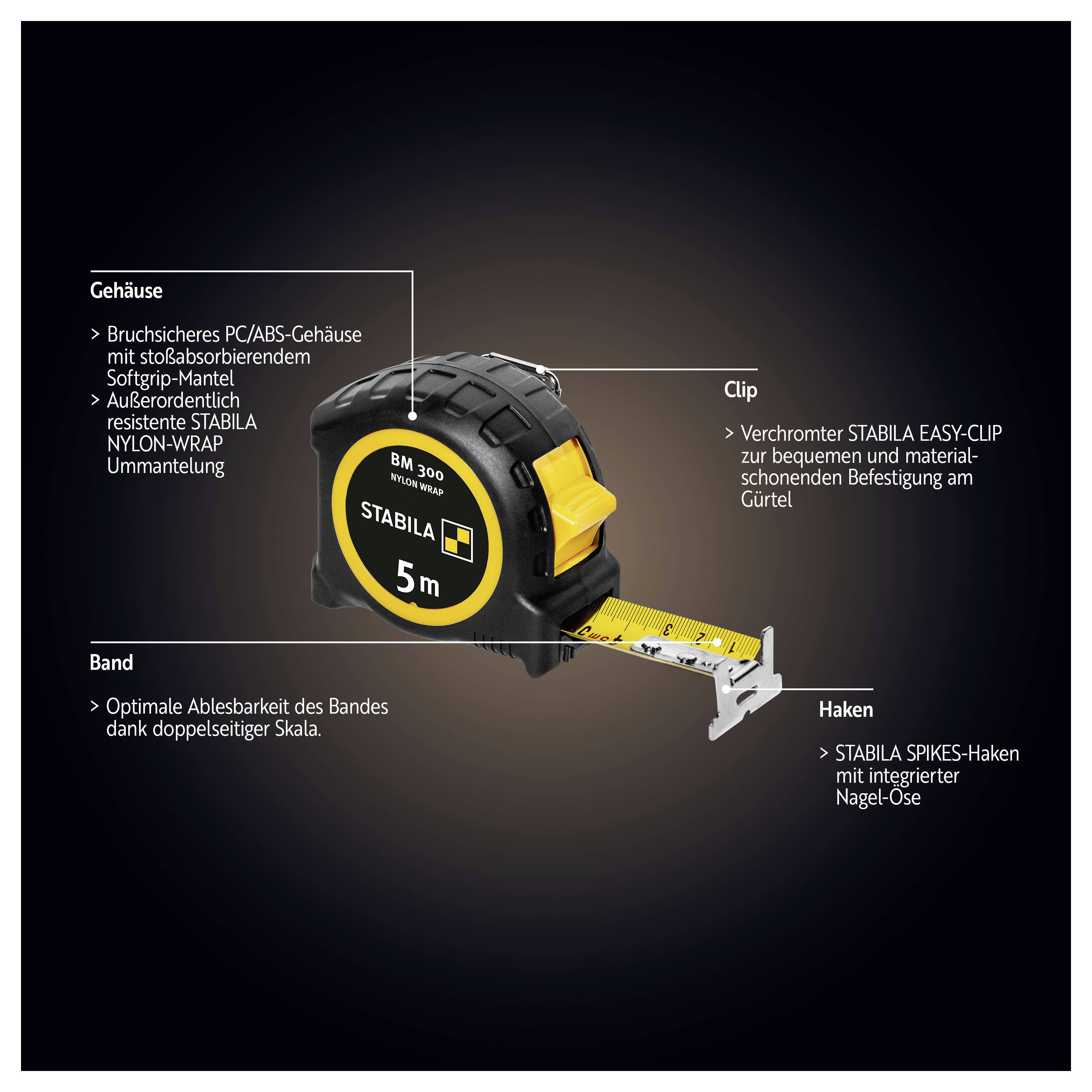 'STABILA BM 300' Metro a nastro con custodia antiurto, lunghezza 5 m. Nastro rivestito in nylon, clip per facile fissaggio, gancio con punte.