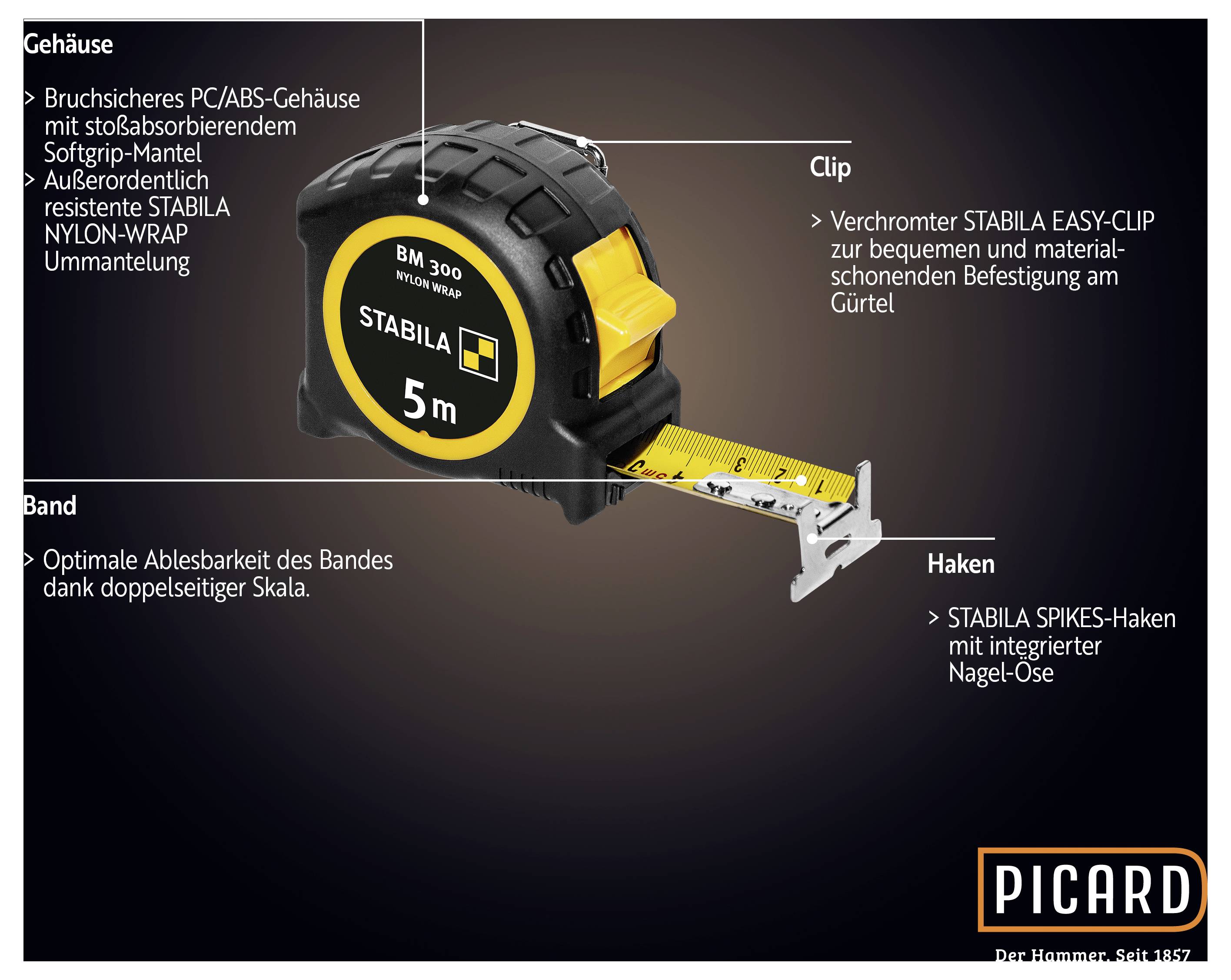 'Metro a nastro STABILA BM 300' con lunghezza di 5 metri. Il testo evidenzia le caratteristiche della clip, dell'uncino e del contenitore. Marchio 'PICARD' in basso a destra.