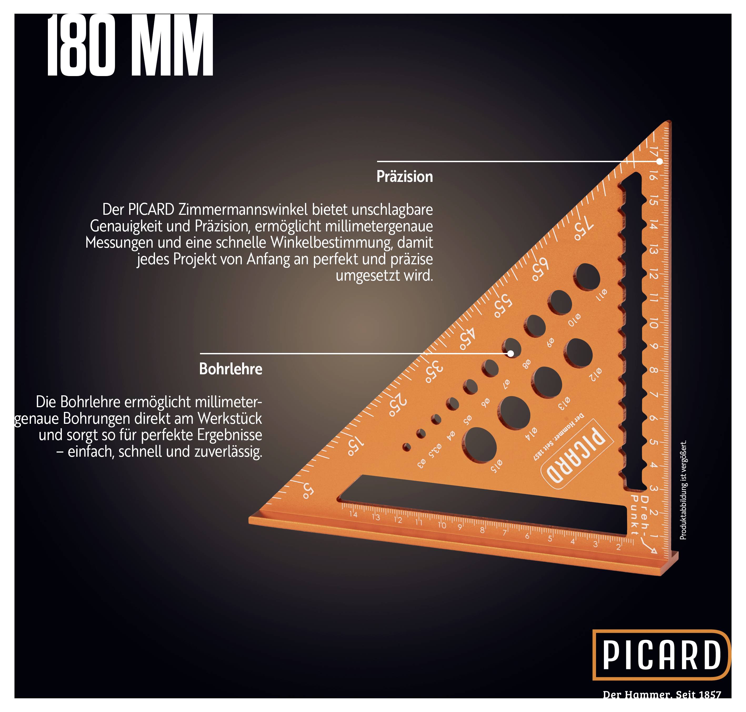 'Squadra triangolare con scale in pollici e centimetri, guida per forature e indicatore di precisione. Marca: Picard.'