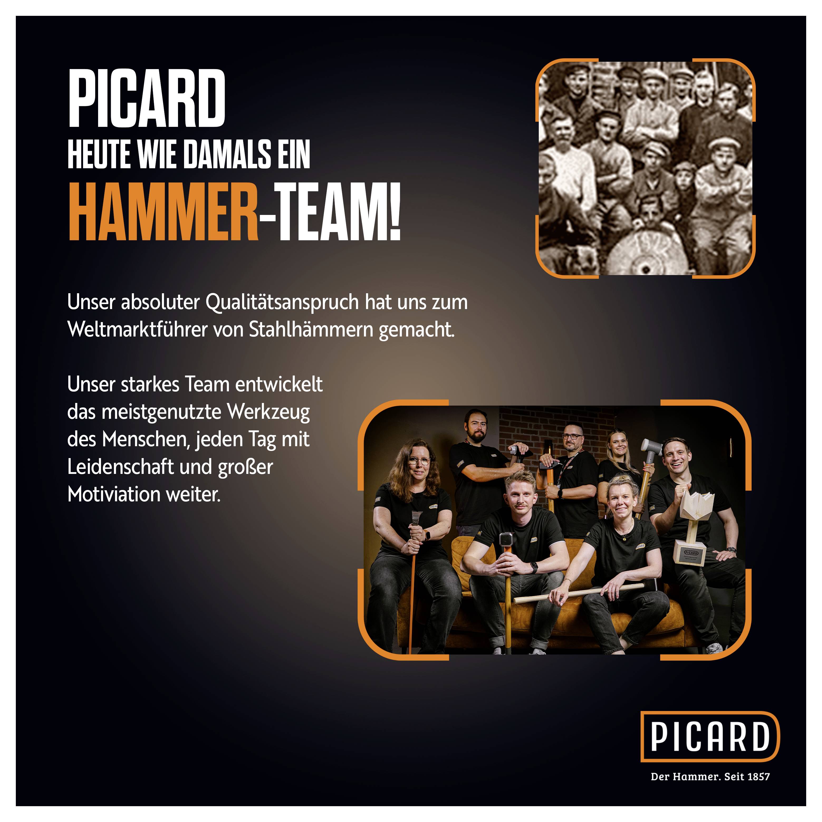 Due immagini di membri del team: in alto in tonalità seppia, in basso a colori con strumenti moderni. Il testo enfatizza la tradizione e l'innovazione di PICARD.