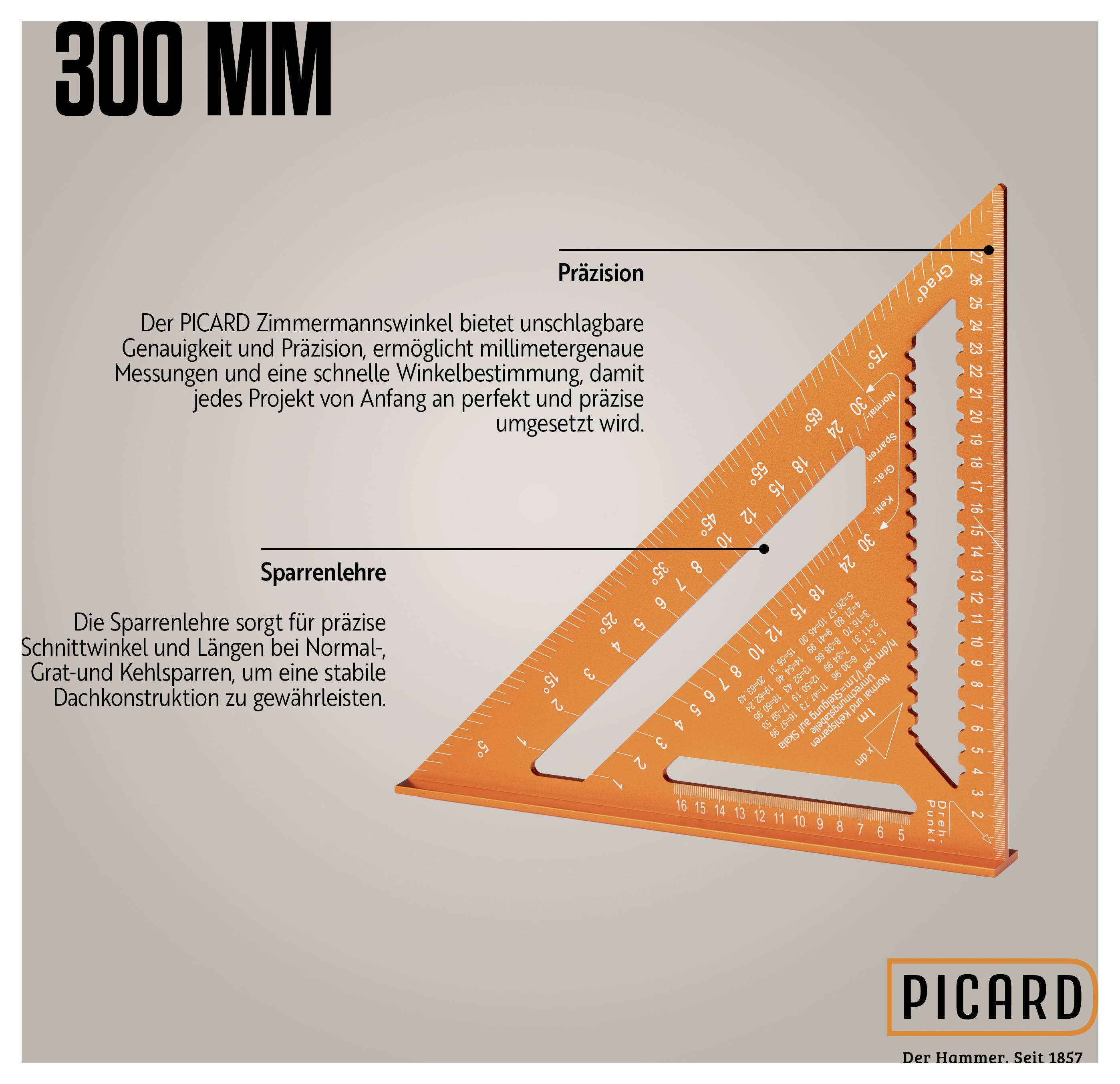 Un goniometro arancione di PICARD con scala di precisione e etichettature per tagli precisi al millimetro nell'artigianato.