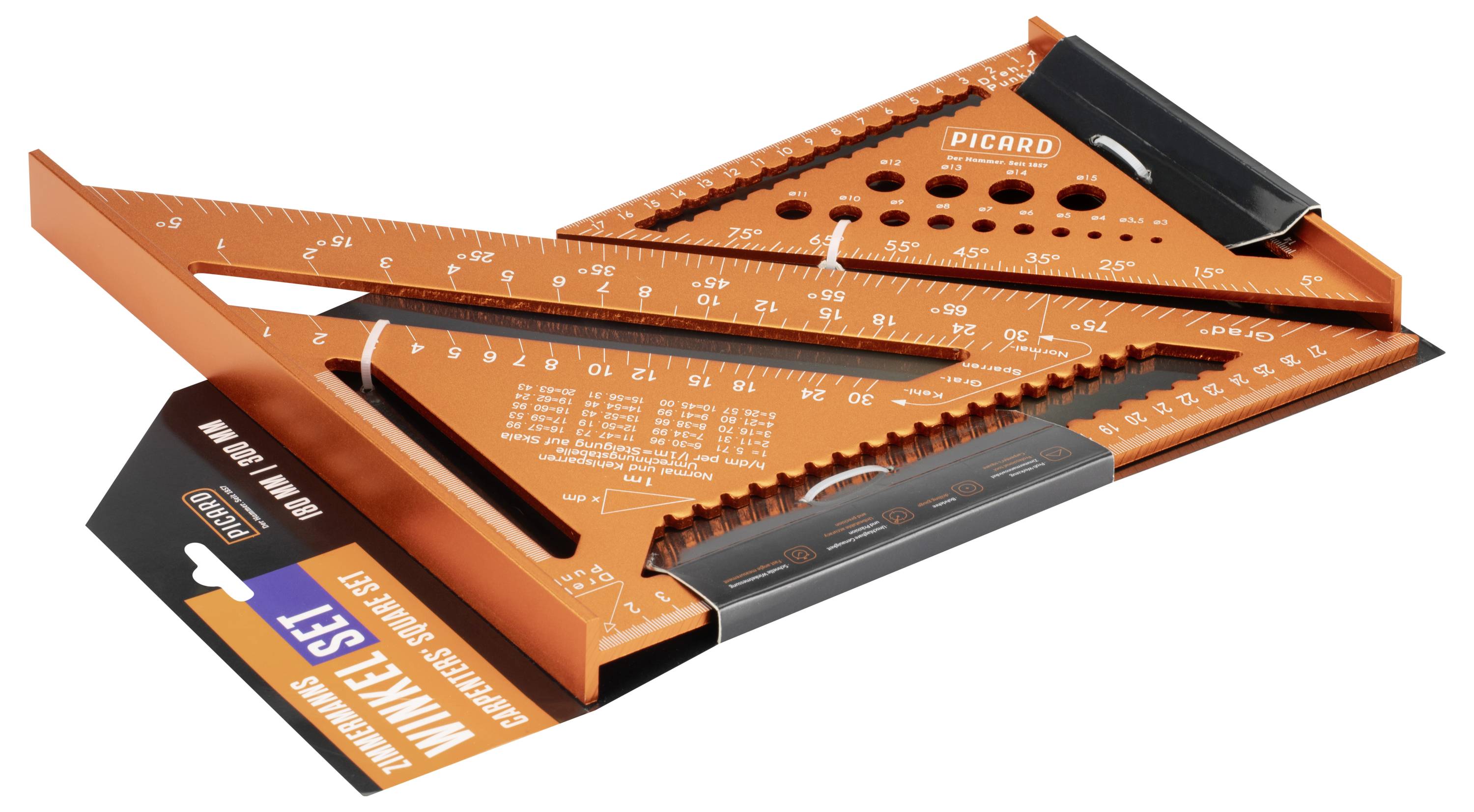 La "Serie di Squadre e Righelli di Mr. Pen Carpenter" include strumenti di misurazione arancioni con design forato e righelli per lavori di carpenteria precisi.