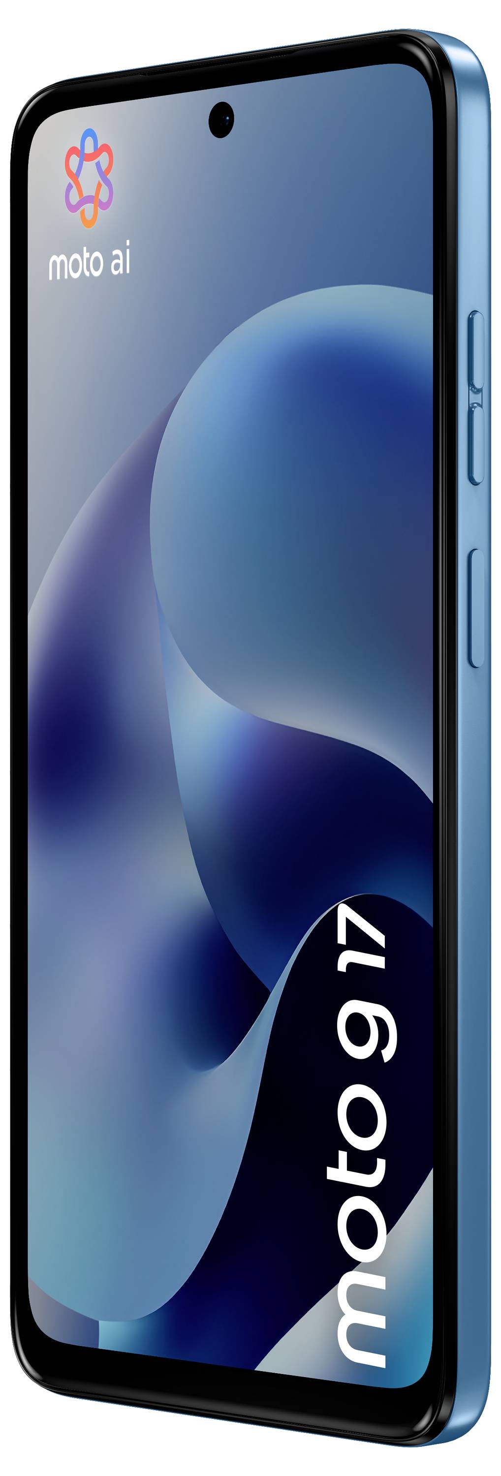 Vista laterale di uno smartphone blu che mostra il bordo inferiore con una porta di ricarica, aperture degli altoparlanti e un foro per il microfono.