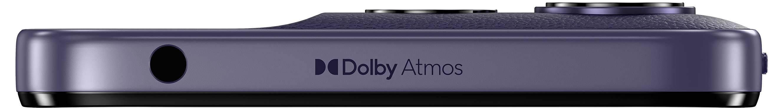 Un bordo di smartphone con finitura viola, che mostra un foro per un microfono. Le parole "Dolby Atmos" sono stampate sul lato.