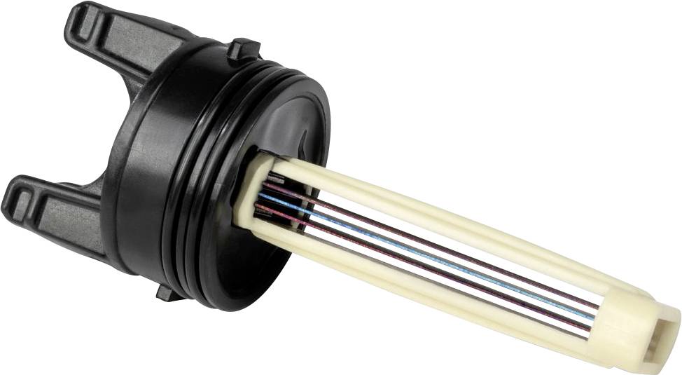 Un tappo filtro olio per auto nero e bianco con asticella di livello integrata, caratterizzato da una forma cilindrica e da piccole maniglie per una facile rimozione.