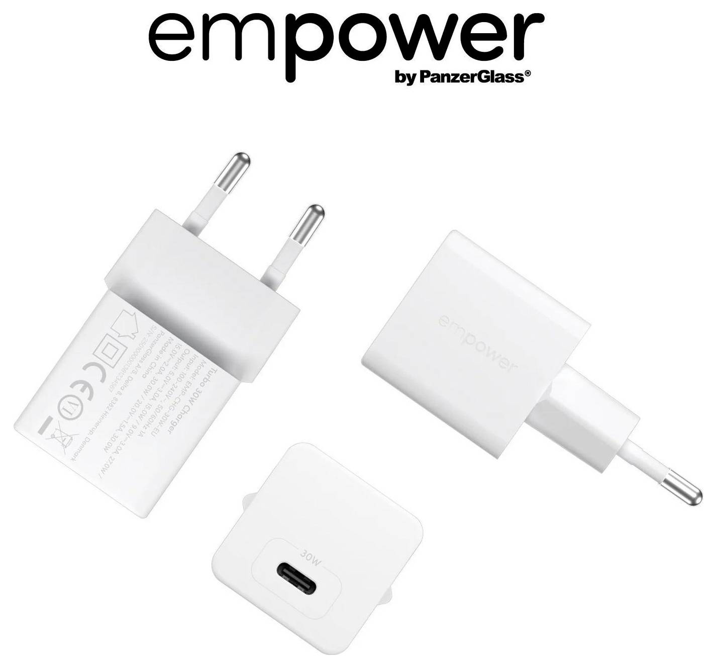 Caricabatterie 'Empower by PanzerGlass' con spina EU, connessione USB-C e istruzioni di sicurezza, posizionato a diversi angoli.