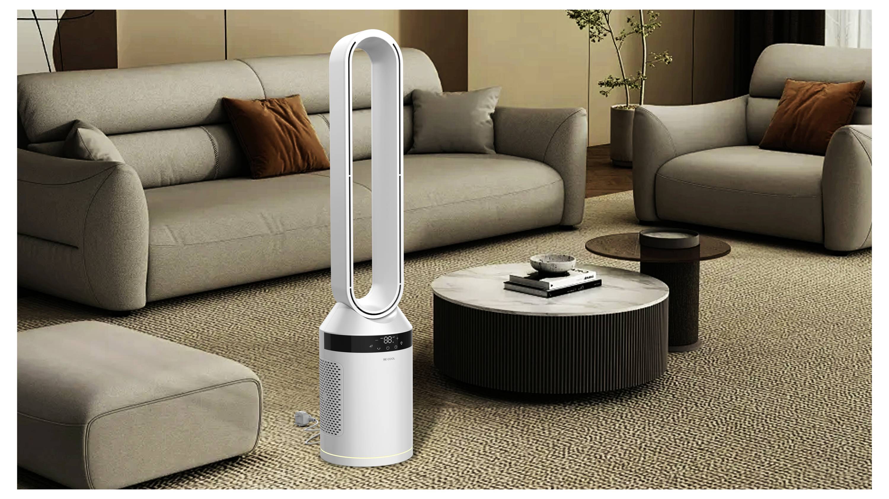 Una moderna ventola senza pale in un elegante soggiorno con divani grigi, un tavolo da caffè rotondo e un'illuminazione soffusa crea un'atmosfera accogliente.