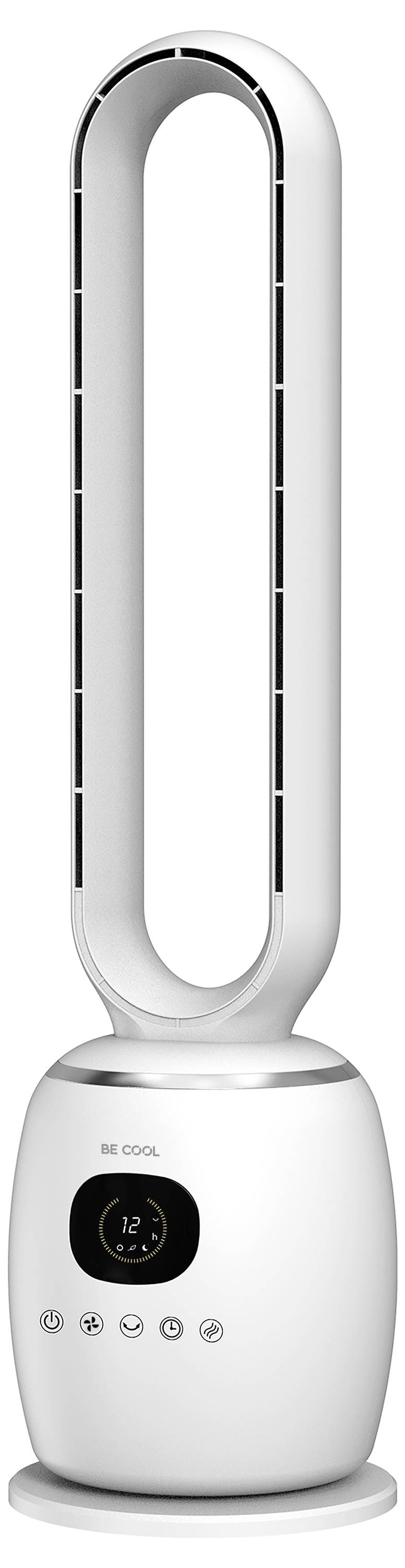 Un elegante ventilatore senza pale con una forma ovale allungata e un display digitale sulla base, che mostra numeri e icone.