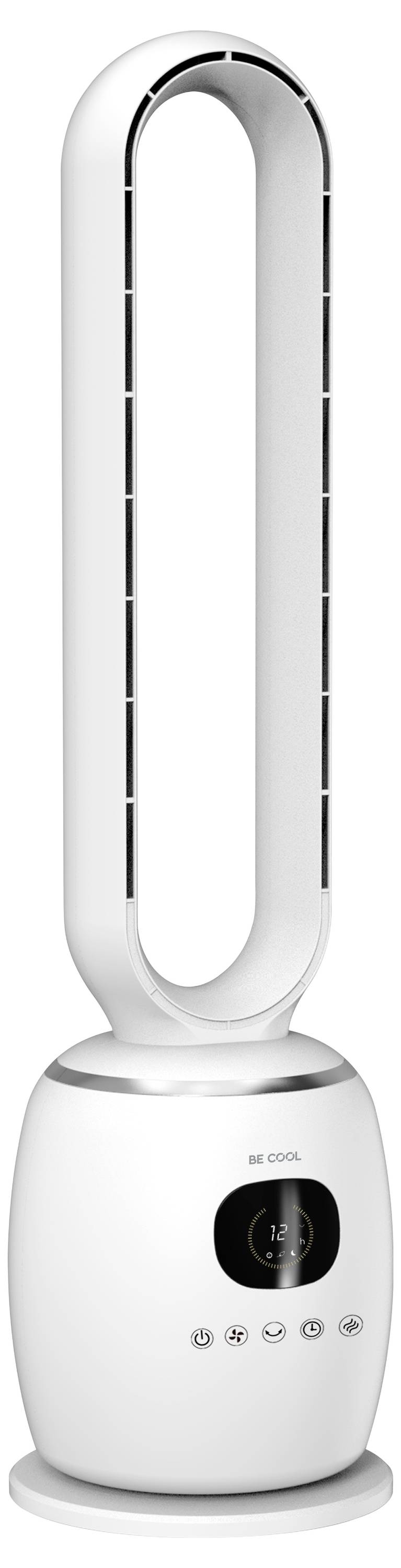 Ventilatore bianco senza pale e alto con display digitale e pulsanti di controllo sulla base, progettato per il raffreddamento moderno della casa.